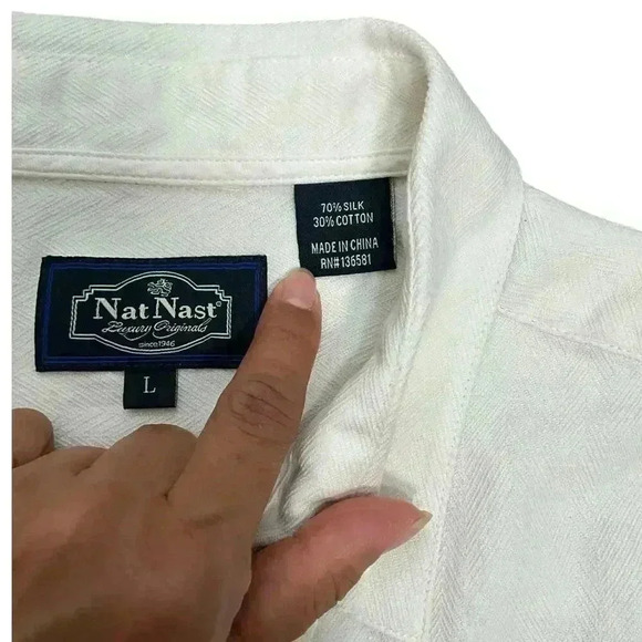 Nat Nash Shirt Men's Large Off White Textured Chevron Silk Cotton - Picture 9 of 9